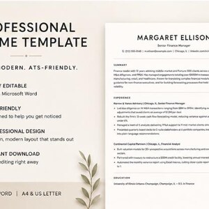May include: A professional resume template in Microsoft Word format, featuring a clean layout with the text Professional Resume Template, Clean. Modern. ATS-Friendly. The document includes sections for summary, experience, and education for Margaret Ellison.