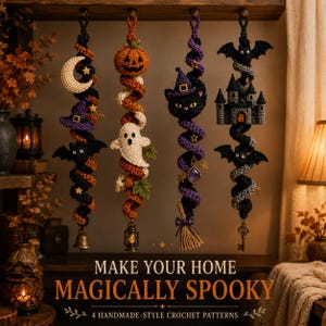 Puede incluir: Cuatro decoraciones de ganchillo colgantes con temas de Halloween: luna y sombrero de bruja, calabaza y fantasma, gato negro con sombrero de bruja, y castillo con murciélagos. El texto dice: MAKE YOUR HOME MAGICALLY SPOOKY 4 HANDMADE-STYLE CROCHET PATTERNS.