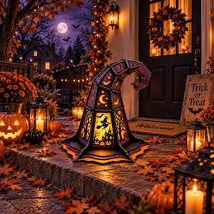 May include: A decorative witch hat lantern featuring intricate cutouts of a flying witch, a crescent moon, bats, and a haunted house. The purple and black structure is illuminated from within, casting a warm glow on the surrounding autumn porch decor.