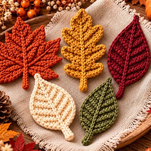 Puede incluir: Un conjunto de cinco posavasos de ganchillo con forma de hoja en varios colores, incluyendo una hoja de arce naranja grande, una hoja de roble amarilla, una hoja roja oscura, una hoja color crema y una hoja verde con texturas.