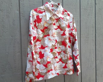 Vtg 70s Wrangler Hawaiian Shirt Tropical Floral Island Vacation Retro Pointy Collar