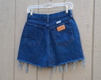 Wrangler Skirt / Vtg 90s Reworked Denim / Blue Jean Mini / DIY / Asymmetric / 26 Waist