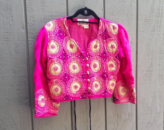 Cropped / Long Sleeve / Hot Pink / Gold / Sequin / Made in India / Roopam / Corset Tie Back
