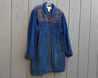 90s Tapestry Denim Trench / Vintage Blue Jean Long Jacket / Lined / Embroidered Stripe Tapestry / XL