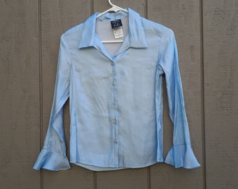 Vtg 1990s Earth Girl by Anxiety Baby Blue Shiny Satin Button Top Ruffle Flare Sleeve L Girls / XS Womens