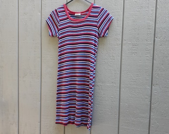 90s Ribbed Dress / Striped / Skater Mini / Stretchy / Medium