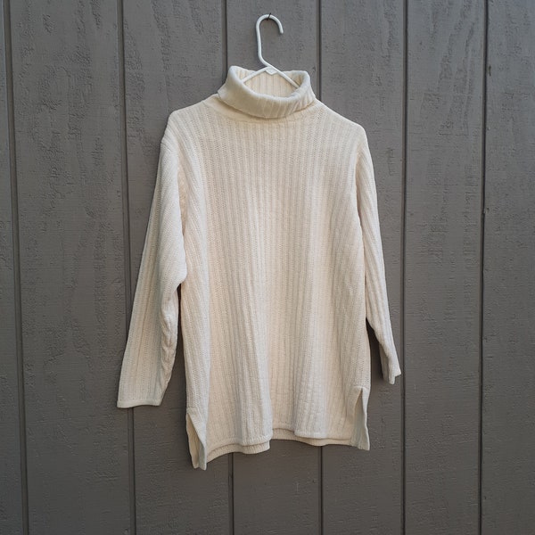 Vtg 90s Express Tricot Cream Sweater Chenille Turtleneck Oversize Small Rib Knit