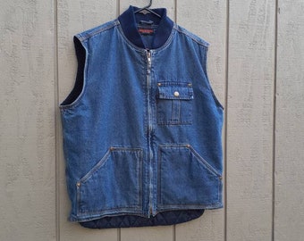 90s Workwear Denim Vest / Large / Blue Jean / Sherpa / American Workwear