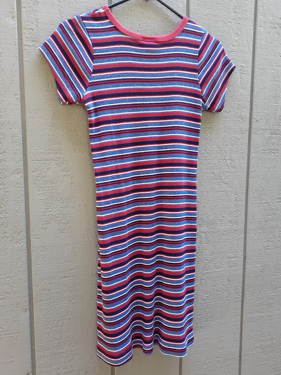 90s Ribbed Dress / Striped / Skater Mini / Stretc… - image 7