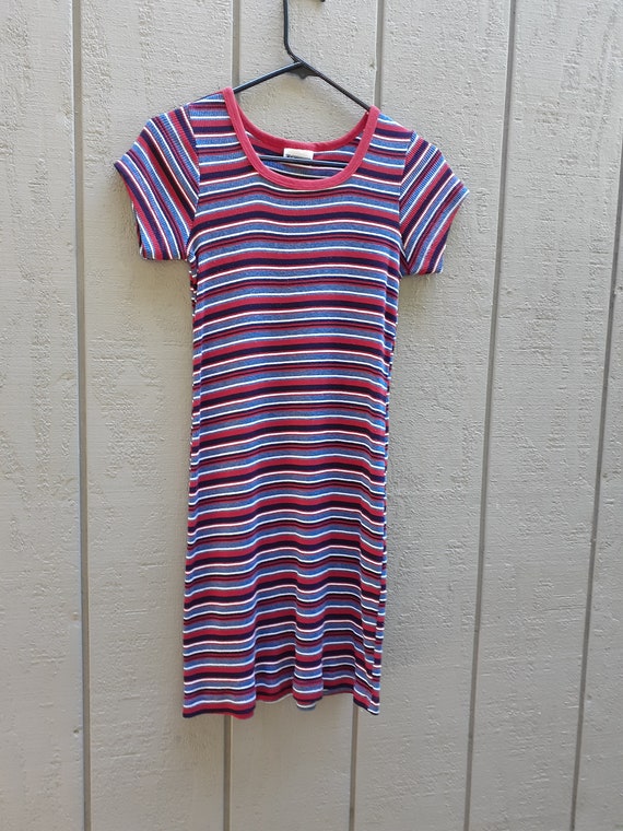 90s Ribbed Dress / Striped / Skater Mini / Stretc… - image 3