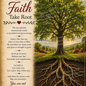 May include: A vertical poster featuring a large, leafy tree with visible roots extending into the soil. The text reads: When the Storms Come, Let Your Faith Take Root, followed by a poem and the scripture John 15:4. The background shows a sunny landscape.
