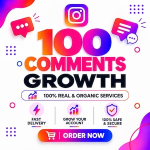 Peut inclure: Un graphique numérique affichant le texte 100 COMMENTS GROWTH dans une police dégradée orange à violet. Il comprend une icône Instagram, des bulles de dialogue et des icônes pour la livraison rapide, la croissance de compte et la sécurité.