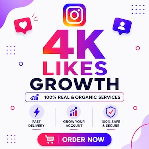 Pode incluir: Um gráfico digital com o logótipo do Instagram acima do texto 4K LIKES GROWTH. Abaixo, uma faixa diz 100% REAL & ORGANIC SERVICES. Três ícones circulares representam FAST DELIVERY, GROW YOUR ACCOUNT e 100% SAFE & SECURE. Um botão ORDER NOW está abaixo.