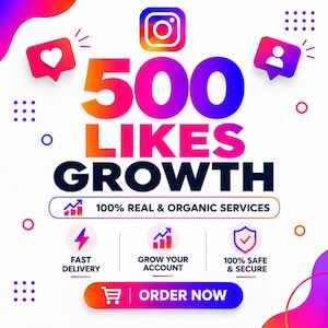 May include: A digital graphic featuring the text 500 LIKES GROWTH in a gradient font. It includes an Instagram icon, heart and profile speech bubbles, and icons for fast delivery, account growth, and security, with an ORDER NOW button at the bottom.