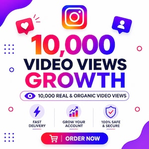 Pode incluir: Um anúncio gráfico com o logótipo do Instagram, o texto 10,000 VIDEO VIEWS GROWTH e 10,000 REAL & ORGANIC VIDEO VIEWS. Inclui ícones de entrega rápida, crescimento de conta e segurança, com um botão com a etiqueta ORDER NOW.