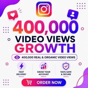 Può includere: Una grafica digitale che promuove una crescita di 400.000 visualizzazioni video per i social media. Il design include il logo Instagram, un'icona a forma di cuore, un'icona utente e il testo 400,000 REAL & ORGANIC VIDEO VIEWS, FAST DELIVERY, ORDER NOW.
