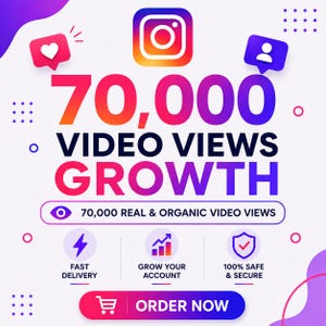 Puede incluir: Un gráfico digital que promociona un crecimiento de 70,000 vistas de video para Instagram. El diseño incluye el logo de Instagram, un icono de corazón, un icono de usuario y el texto 70,000 REAL & ORGANIC VIDEO VIEWS con iconos de servicio.