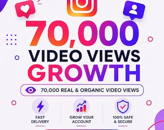 May include: A digital graphic promoting 70,000 video views growth for Instagram. The design features the Instagram logo, a heart icon, a user icon, and text stating 70,000 REAL & ORGANIC VIDEO VIEWS. Includes icons for fast delivery, account growth, and security.