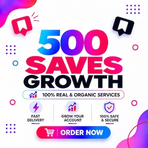 Op de afbeelding: Een digitale afbeelding met de tekst 500 SAVES GROWTH, 100% REAL & ORGANIC SERVICES, FAST DELIVERY, GROW YOUR ACCOUNT, 100% SAFE & SECURE en ORDER NOW. Het ontwerp heeft een witte achtergrond met roze, blauwe en paarse gradiëntaccenten.