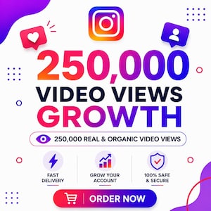 Può includere: Una grafica digitale che promuove una crescita di 250.000 visualizzazioni video per Instagram. Il design presenta il logo Instagram, un'icona a forma di cuore, un'icona utente e il testo 250.000 VISUALIZZAZIONI VIDEO REALI E ORGANICHE con icone.