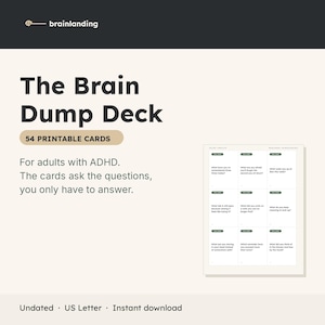 Op de afbeelding: De Brain Dump Deck, een set van 54 printbare kaarten voor volwassenen met ADHD. De tekst luidt: The Brain Dump Deck, 54 printable cards, For adults with ADHD. The cards ask the questions, you only have to answer. Ongedateerd, US Letter formaat.