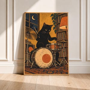 Svart katt trummisposter, retro 70-tals väggkonst för musikrum, katttryck, vintage linoleumsnittkonst, väggdekor för musikrum, retro skivspelareaffisch