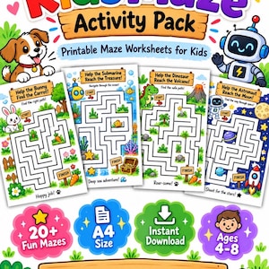 May include: A Kids Maze Activity Pack featuring four printable maze worksheets with themes including a bunny, submarine, dinosaur, and astronaut. The colourful design includes a puppy, a robot, and text labels like Ages 4-8, A4 Size, and Instant Download.