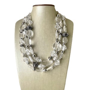 Silver and Clear statement necklace, lucite necklace, resin necklace, clear three strand chunky jewelry, silver Beaded Holiday Necklace