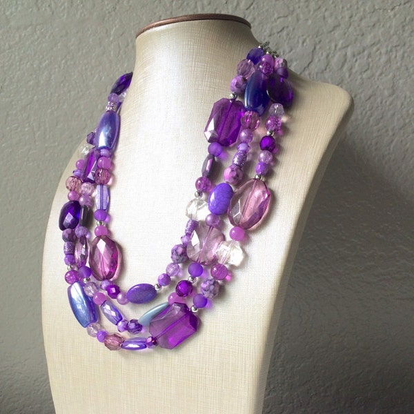 Purple Chunky Statement Necklace - Triple Strand Beaded Jewelry - lilac lavendar eggplant jewelry -bridsmaid wedding