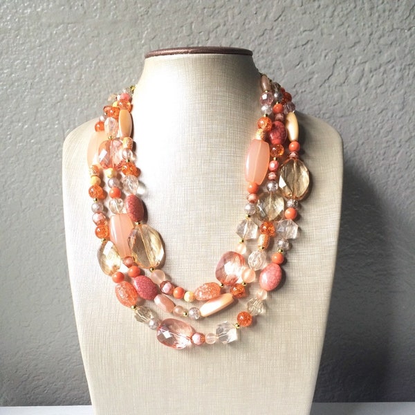 Peach and Coral Chunky Statement Necklace - Triple Strand Beaded Jewelry - peach coral jewelry -bridsmaid wedding