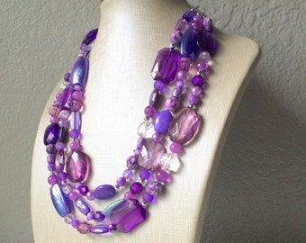 Purple Chunky Statement Necklace - Triple Strand Beaded Jewelry - lilac lavendar eggplant jewelry -bridsmaid wedding