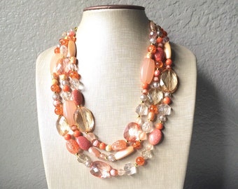 Peach and Coral Chunky Statement Necklace - Triple Strand Beaded Jewelry - peach coral jewelry -bridsmaid wedding