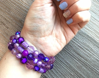 3 Purple beaded stretch bracelets, beaded jewelry, crystal stretchy bracelet, rainbow friendship arm stacking lavender eggplant dark purple