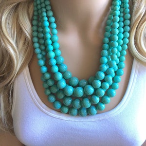 Turquoise Beaded statement necklace, extra chunky graduated bead blue green jewelry, turquoise long necklace jewelry, green earrings