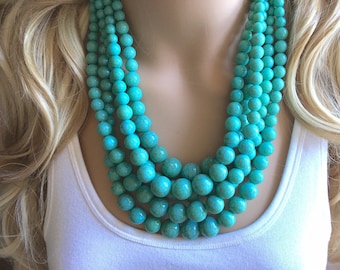 Turquoise Perlen Statement Halskette, extra klobige Perle blau grün Schmuck, Türkis lange Halskette, grüne Ohrringe