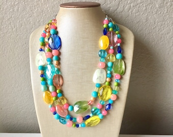 Spring Statement Necklace, Colorful Beaded Necklace, Chunky bib necklace, pastel necklace, pastel jewelry, bridesmaid necklace