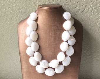 White Chunky Statement Necklace, Big beaded jewelry, Double Strand Statement Necklace, Bib necklace, white bridesmaid wedding, praline