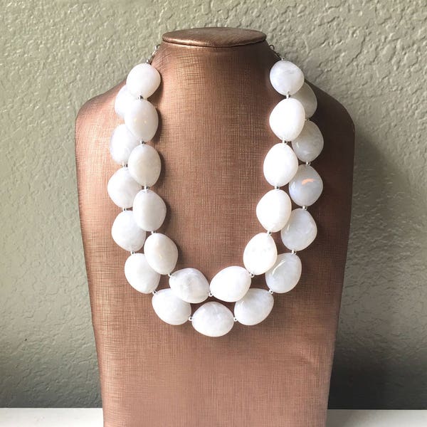 White Chunky Statement Necklace, Big beaded jewelry, Double Strand Statement Necklace, Bib necklace, white bridesmaid wedding, praline