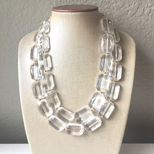 Chunky Clear Crystal Statement Necklace, Faceted Everyday neutral jewelry, statement necklace, silver or gold accents chunky bib necklace