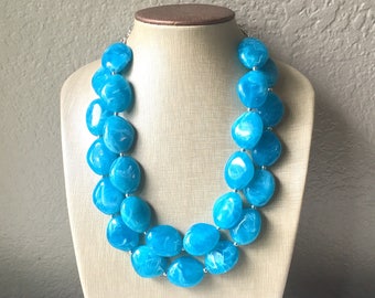 Caribbean Blue Chunky Statement Necklace, Big beaded jewelry, Double Strand Statement, necklace, blue bridesmaid wedding, praline blue
