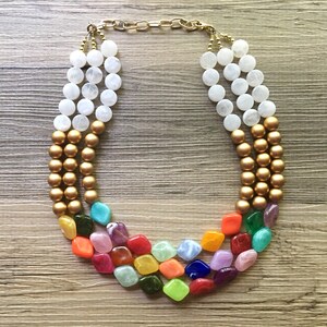 Statement Necklace, Extra Chunky necklace, rainbow necklace, gold necklace, white and gold necklace, Rainbow jewelry, gold jewelry earrings