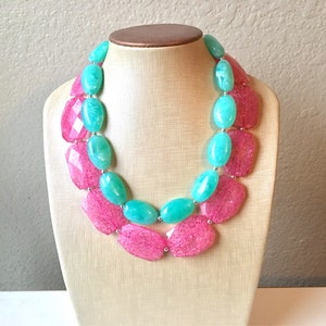 Pink & Mint Statement Necklace, Chunky Beaded Necklace, pink and Green Jewelry, green and pink, green Necklace, mint green beaded necklace