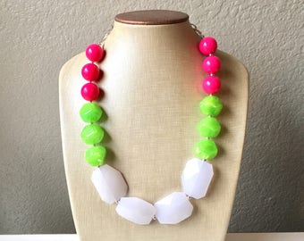 Roze groene & witte grote kralen ketting, statement sieraden, roze en groene dikke slabbetje, bruidsmeisje ketting, groene en roze sieraden, kralen lang