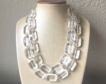 Chunky Clear Crystal Statement Necklace, Faceted Everyday neutral jewelry, statement necklace, silver or gold accents chunky bib necklace