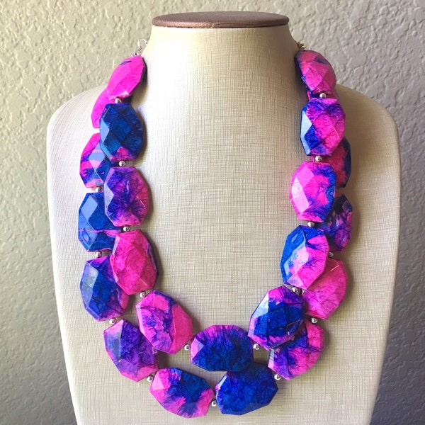 Gender Reveal Party Necklace, Pink and Blue Double Layer statement necklace, chunky bib necklace, party gift jewelry, baby shower necklace