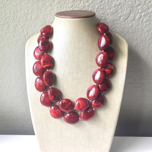 Red Chunky Statement Necklace, Big beaded jewelry, Double Strand Statement Necklace, Bib necklace, red bridesmaid, red wedding, praline