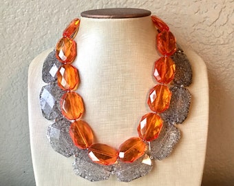 Orange & Gray Necklace, multi strand jewelry, big beaded chunky statement necklace, orange necklace, bridesmaid necklace, gray necklace