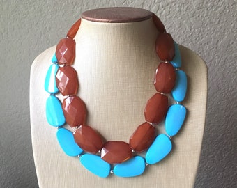 Chocolate & Turquoise Necklace, double strand jewelry, big beaded chunky statement necklace, blue necklace, turquoise jewelry, brown jewelry