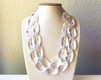 Clear Crystal Statement Necklace & earrings, Faceted beaded jewelry, silver accents chunky bib necklace, resin clear statement necklace