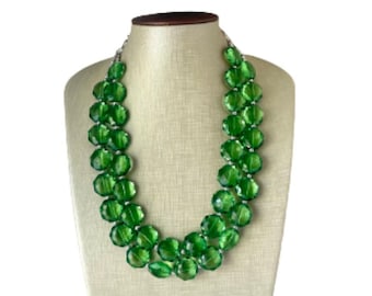 Apple Green Double Strand statement necklace, big beaded chunky jewelry light green jewelry, citron bib green beaded necklace